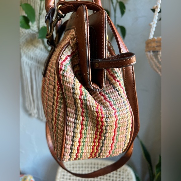 Vintage Woven Satchel Purse Boho Coastal Tote Faux Leather Removable Crossbody - Picture 7 of 13